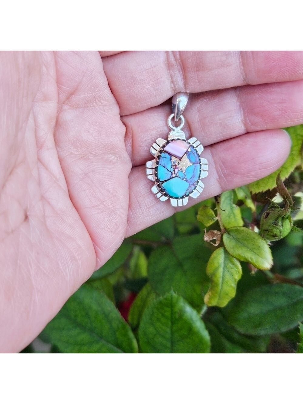 Sterling Silver Spiny Oyster Turquoise Pendant Necklace - Picture 6 of 7